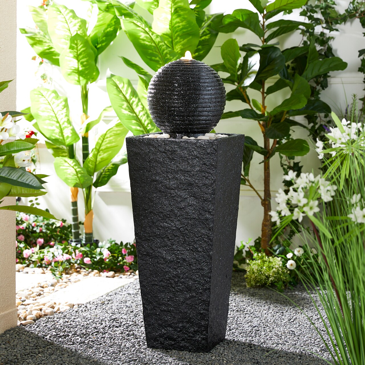 40.25"H Oversized Geometric Pedestal and Sphere Polyresin Outdoor Floor Fountain with Pebbles, Pump and LED Light